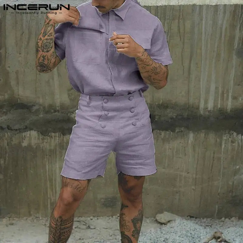 INCERUN 2024 American Style Fashion Sets Men Short Sleeved Shirt Solid High Waisted Shorts Casual Streetwear Two-piece Set S-5XL