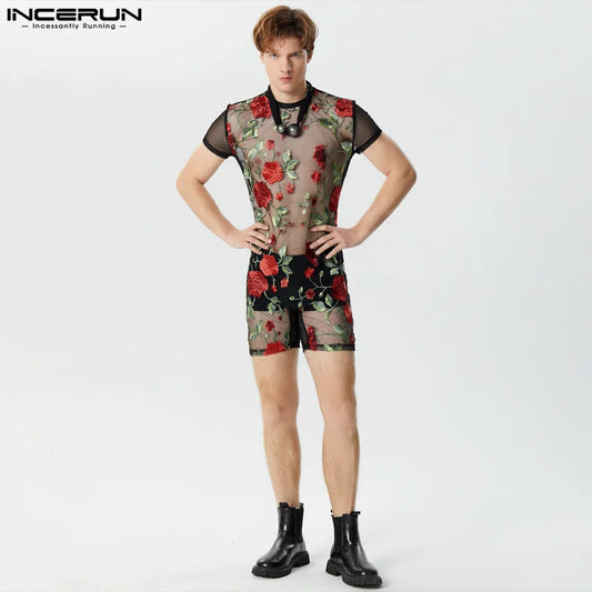 INCERUN 2024 Amerikanischen Stil Sexy Neue Männer Homewear Overalls Perspektive Dünne O-ansatz Blume Druck Kurzarm Bodys S-3XL