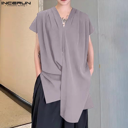 INCERUN Tops 2024 Korean Style Handsome Men Draping Solid V-neck Shirts Fashion Male Shoulder Pleated Short Sleeved Blouse S-5XL