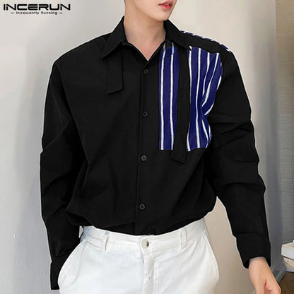 INCERUN Tops 2024 Korean Style Stylish Men's Contrast Striped Design Shirt Casual Clubwear Hot Selling Long Sleeved Blouse S-5XL