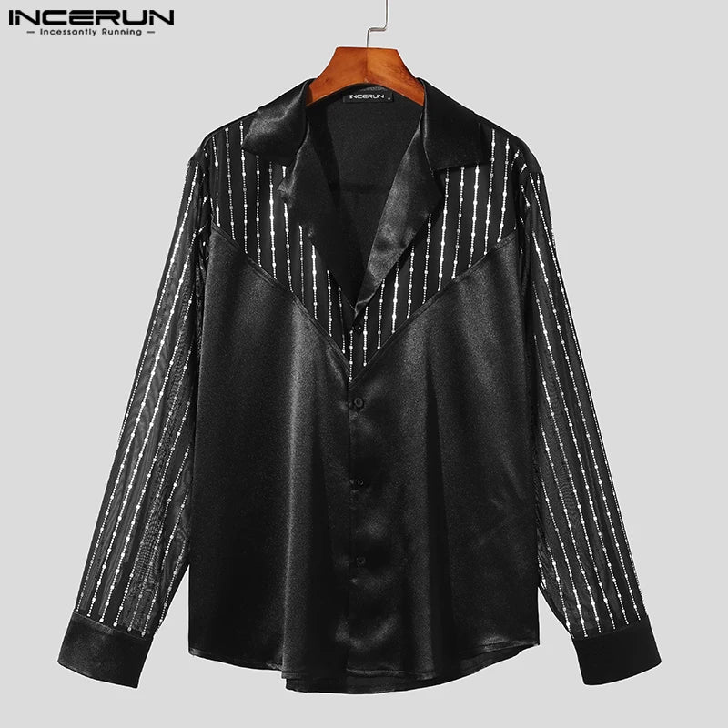 INCERUN Tops 2024 Style Américain Mode Hommes Paillettes Paillettes Col V Patchwork Chemises Décontractées Fête Spectacles Chemisier À Manches Longues S-5XL