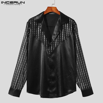 INCERUN Tops 2024 American Style Fashion Men Glitter Sequin V-neck Patchwork Shirts Casual Party Shows Long Sleeved Blouse S-5XL