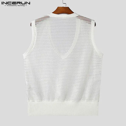 Summer Fashion Tops INCERUN Men's Hollowed Mesh V-neck Sleeveless Vests Male Sexy Casual Streetwear Hot Selling Tank Tops S-5XL