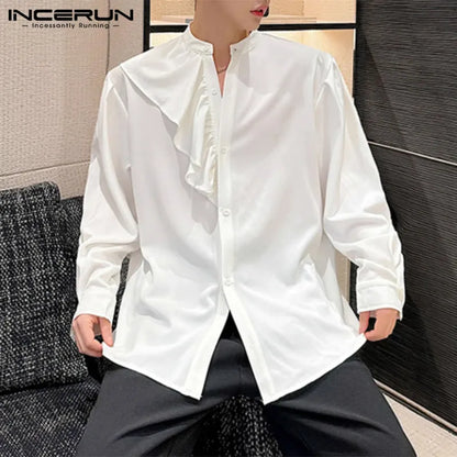 INCERUN 2024 Korean Style New Men's Tops Court Style Irregular Flounce Design Shirts Casual Streetwear Stand Collar Blouse S-5XL