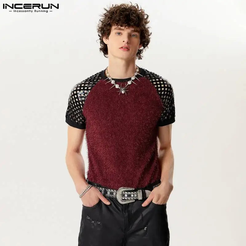 INCERUN Tops 2024 American Style New Mens Hollow Patchwork Suede Design T-shirts Casual Personality Short Sleeved Camiseta S-5XL