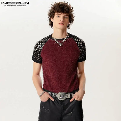 INCERUN Tops 2024 Style américain Nouveaux hommes creux Patchwork daim conception T-shirts personnalité décontractée à manches courtes Camiseta S-5XL