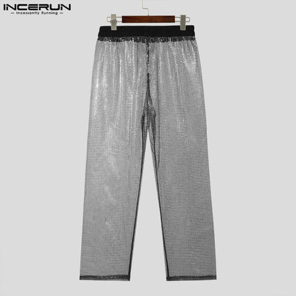 Casual Clubwear Style Men's Pantalons INCERUN 2024 Sexy Glitter Fabric Perspective Long Pants Fashion Breathable Trousers S-5XL