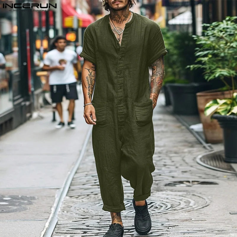 INCERUN 2024 American Style Bodysuit Stylish New Mens O-neck Short Sleeved Rompers Male Casual Solid Well Fitting Jumpsuit S-5XL