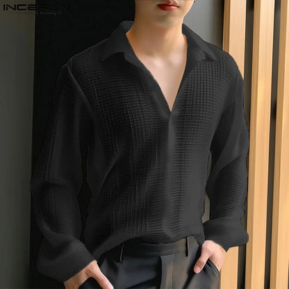 INCERUN Tops 2024 Korean Style Men's V-neck Texture Lapel Collar Shirts Fashionable Casual Male Solid Long Sleeved Blouse S-5XL