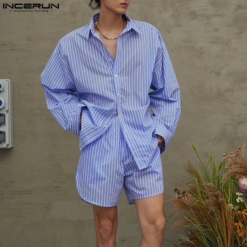 Fashion Casual Style Striped Sets INCERUN Handsome Men Long Sleeved Shirt Shorts Streetwear Male Loose Two-piece Sets S-5XL 2024