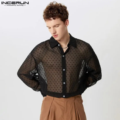 Fashion Well Fitting Tops INCERUN Men's See-through Polka Dot Pattern Shirts Casual Clubwear Thin Long Sleeved Blouse S-5XL 2024