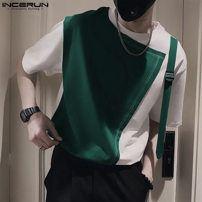 INCERUN Tops 2024 Korean Style New Men Fashion Splicing Backpack Buckle Design T-shirts Casual Male Short Sleeved Camiseta S-5XL