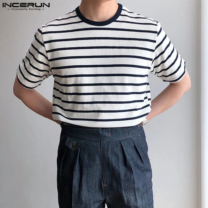 INCERUN Tops 2024 Handsome New Men Striped O-neck Loose T-shirts Fashionable Casual Streetwear Male Short Sleeved Camiseta S-5XL