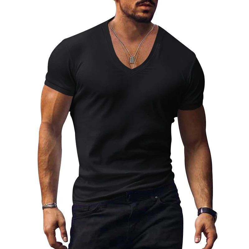 2023 men's T-shirt cross-border clothing European and American foreign trade men's V-neck solid color casual short sleeved T-shi