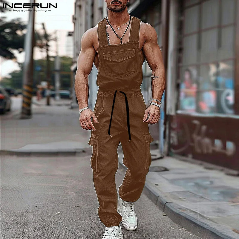 INCERUN 2024 American Style Bodysuits New Men's Fashion Cargo Jumpsuit Casual Streetwear Sexy Solid Shoulder Strap Rompers S-5XL