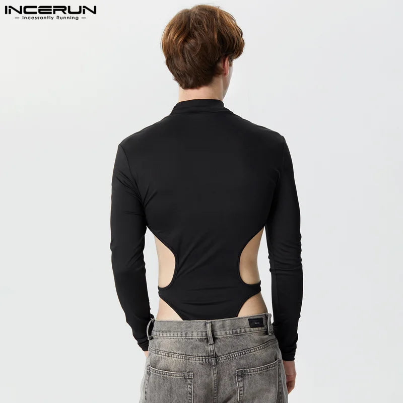 INCERUN Men Bodysuits Solid Hollow Out Turtleneck Long Sleeve Fashion Rompers Streetwear Sexy 2023 Male Irregular Bodysuit S-5XL