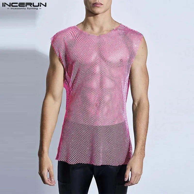 Summer Top Tee INCERUN Men Round Neck Sleeveless Tank Tops Backless Low Cut Mesh Transparent Men Clothing Oversized S-5XL