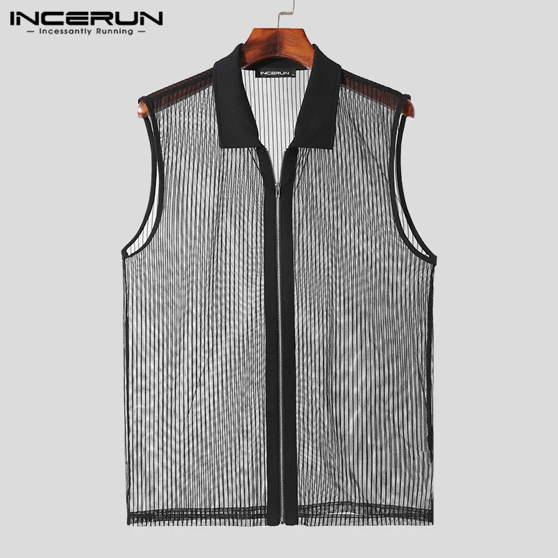 INCERUN Tops 2024 Style américain Hommes Sexy Perspective Creuse Fermeture Éclair Conception Gilets Décontractés Revers Mince Sans Manches Débardeurs S-5XL