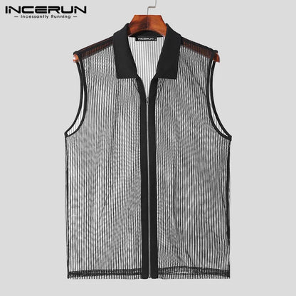 INCERUN Tops 2024 Style américain Hommes Sexy Perspective Creuse Fermeture Éclair Conception Gilets Décontractés Revers Mince Sans Manches Débardeurs S-5XL