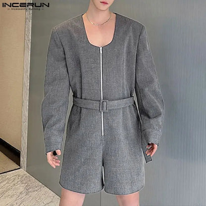 INCERUN 2024 Korean Style Mens Rompers Stylish Low Neck Zipper One Piece Bodysuit Male Solid Leisure Long Sleeved Jumpsuit S-5XL