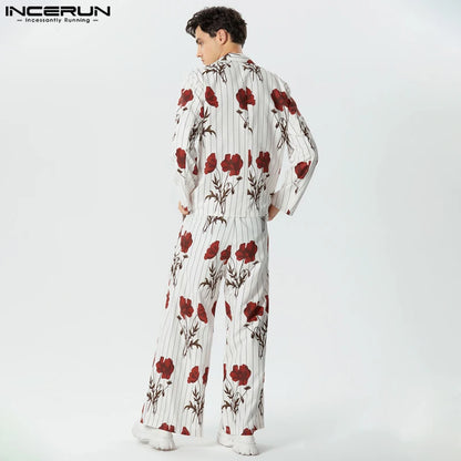 INCERUN 2023 Style américain Beau Hommes Ensembles Rose Imprimé Rayé Impression Décontracté Hauts Pantalons Larges Mode Deux Pièces Ensemble S-5XL