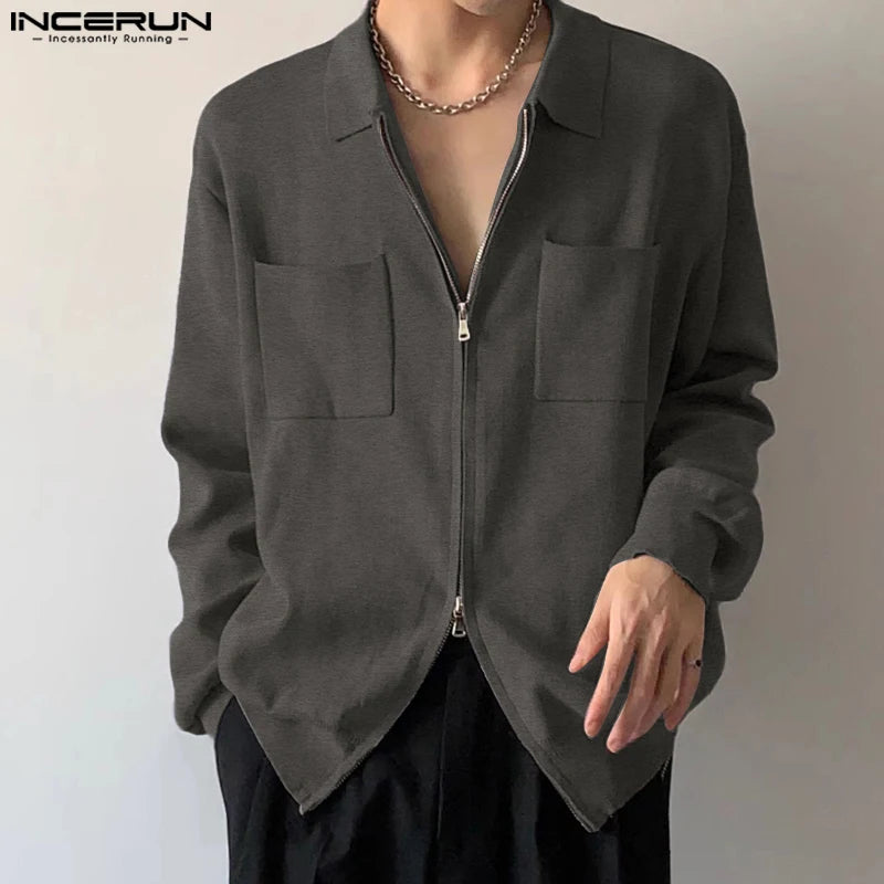 INCERUN Tops 2024 Korean Style New Men Double Head Zippered Lapel Design Shirts Casual Streetwear Male Long Sleeved Blouse S-5XL