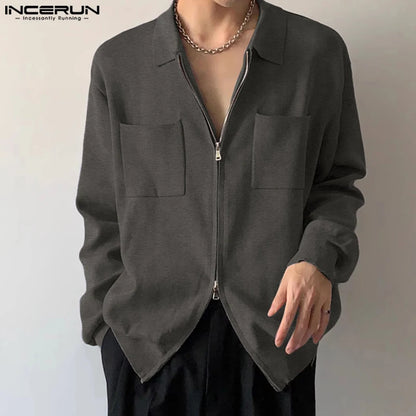 INCERUN Tops 2024 Korean Style New Men Double Head Zippered Lapel Design Shirts Casual Streetwear Male Long Sleeved Blouse S-5XL