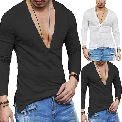 Herren T-Shirt Slim Fit Langarmshirt Einfarbig Tiefer V-Ausschnitt Knopfleiste Oberteile Muscle Tee Bluse Durchsichtige Hemden Lässige T-Shirts Tops