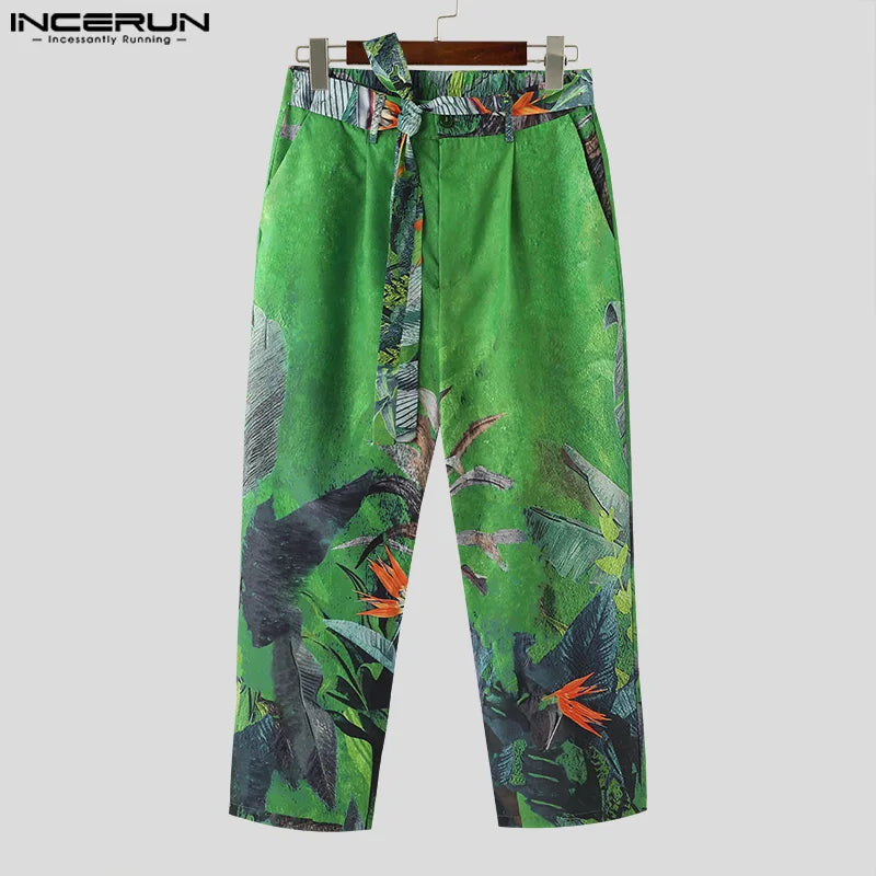 INCERUN 2024 American Style Trousers Stylish New Men Floral Print Long Pant Leisure Streetwear Male Straight Leg Pantalons S-5XL