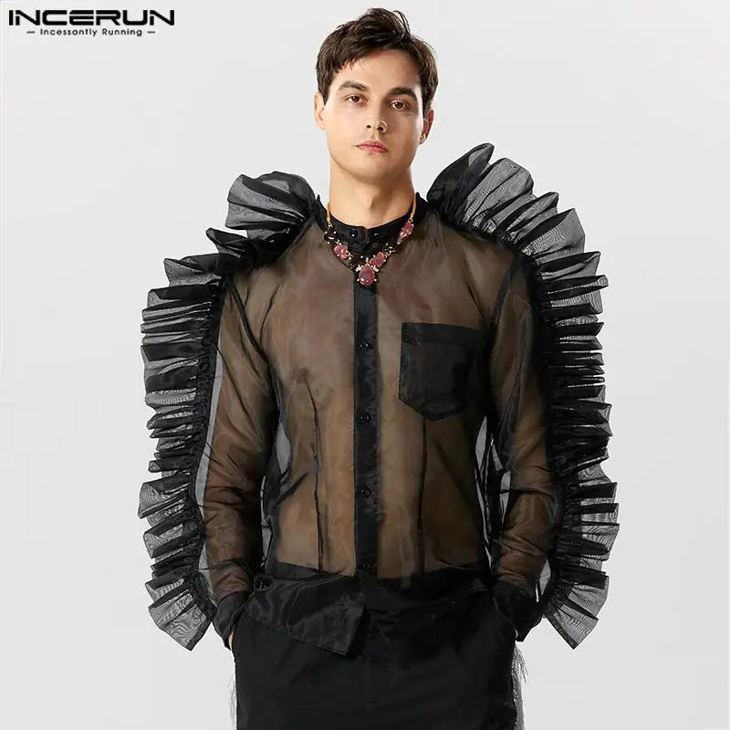 Casual Stylish Style Tops INCERUN Men's Fashion Sexy Pleated Mesh Shirts Handsome Male Patchwork Long Sleeved Blouse S-5XL 2023