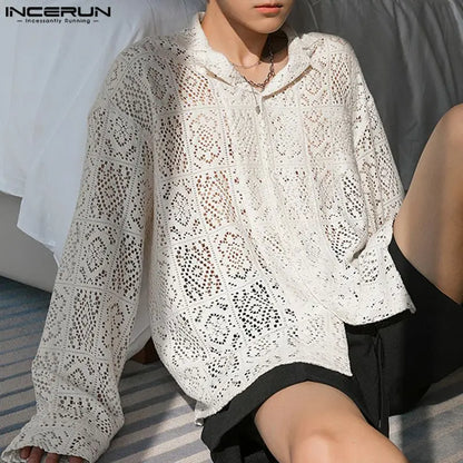 INCERUN 2024 Men Shirt Lace Transparent Loose Lapel Long Sleeve Men Clothing Streetwear Sexy Hollow Out Fashion Casual Shirts