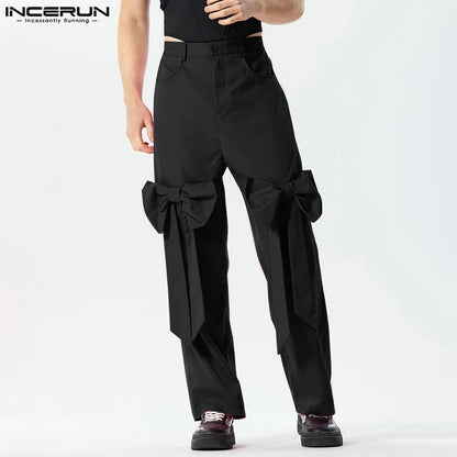 INCERUN 2023 American Style New Men's Pantalons Bow Tie Design Long Pants Casual Streetwear Male Solid All-match Trousers S-5XL