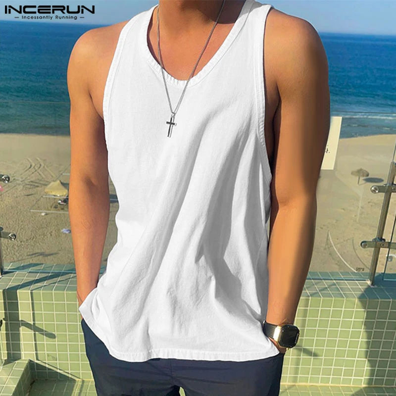 Handsome Well Fitting Tops INCERUN Men's Loose O-neck Sleeveless Vests Casual Streetwear Solid All-match Simple Tank Tops S-5XL