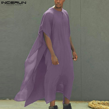 INCERUN 2023 Muslimischen Stil Isiamic Arabisch Kaftan Neue Herren Lange-stil Kaftan Robe Casual Männlichen Solide Kurzarm Jubba Thobe S-5XL