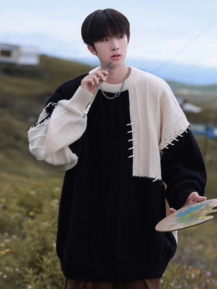 HOUZHOU Knitted Sweater Men Pullover Oversize Sweaters Male Winter Harajuku Casual Streetwear Patchwork Autumn Hip Hop Spliced