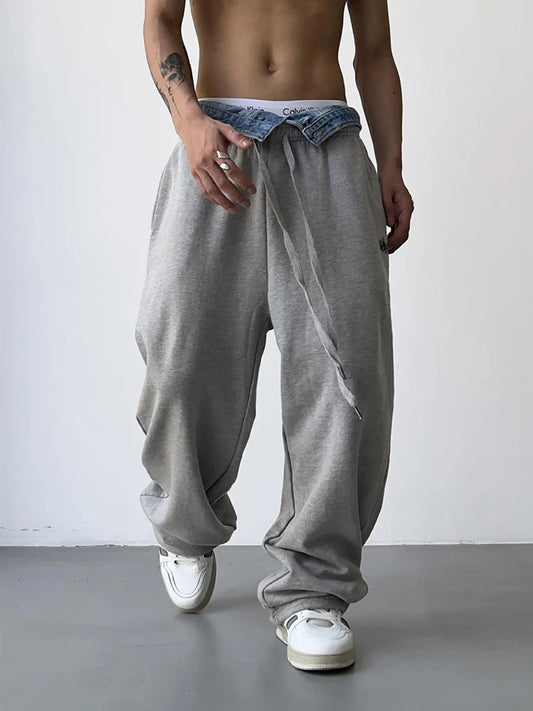 HOUZHOU Hip Hop Gris Pantalon de survêtement Pantalon de sport Bouton Jean Pantalon taille élastique Pantalon ample Y2K Pantalon de sport décontracté Joggers