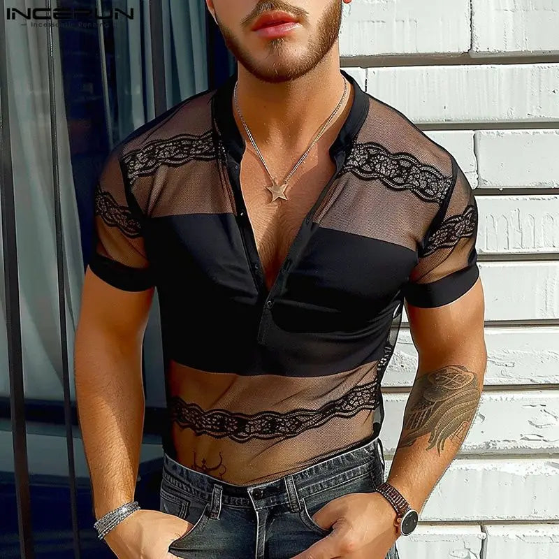 INCERUN Tops 2024 American Style Sexy Men See-through Lace Mesh Splicing T-shirt Male Clubwear Thin Short Sleeved Camiseta S-5XL