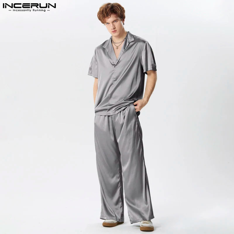 2024 Men Sets Solid Color Streetwear Satin Lapel Short Sleeve Shirt & Pants Two Pieces Sets Summer Men's Casual Suits INCERUN