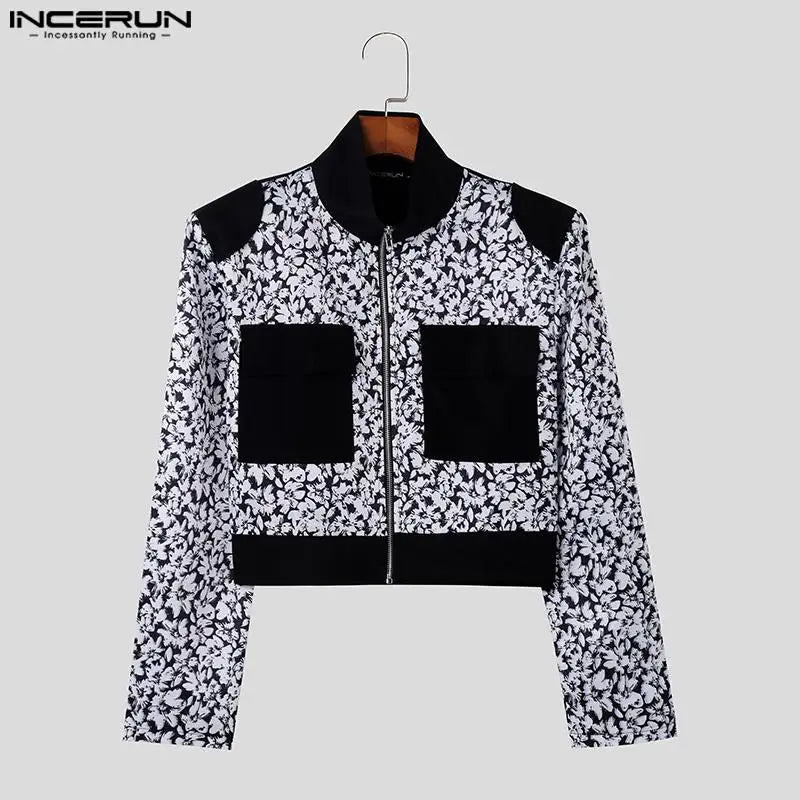 2023 Men Jackets Print Patchwork Stand Collar Long Sleeve Crop Coats Men Streetwear Zipper Autumn Fashion Casual Jackets INCERUN