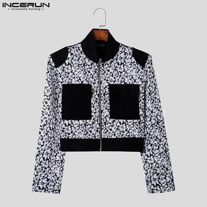 2023 Men Jackets Print Patchwork Stand Collar Long Sleeve Crop Coats Men Streetwear Zipper Autumn Fashion Casual Jackets INCERUN