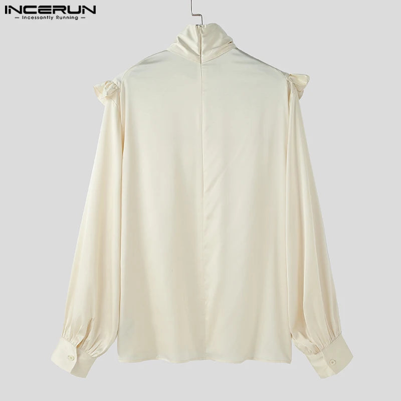 INCERUN Tops 2023 American Style New Men's Satin Tie Ruffle Design Shirts Casual Fashion Palace Style Long Sleeved Blouse S-5XL