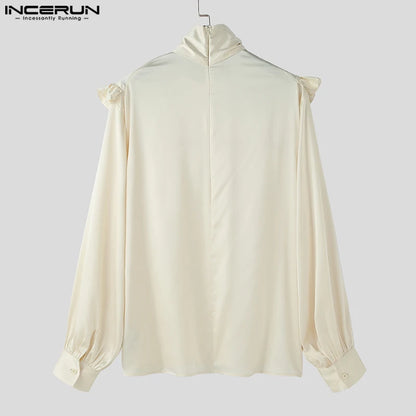 INCERUN Tops 2023 American Style New Men's Satin Tie Ruffle Design Shirts Casual Fashion Palace Style Long Sleeved Blouse S-5XL