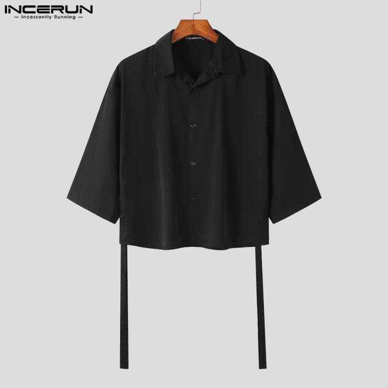 INCERUN Tops 2023 Korean Style Handsome Men's Casual Fashion Solid Blouse Male All-match Ribbon Short-sleeved Lapel Shirts S-5XL