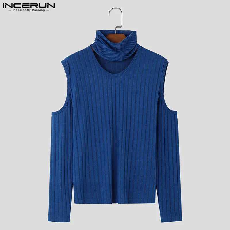 Fashion Casual Style Tops INCERUN Men's Deconstructive Design Texture Sweaters Male Solid High Neck Long Sleeved Pullovers S-5XL