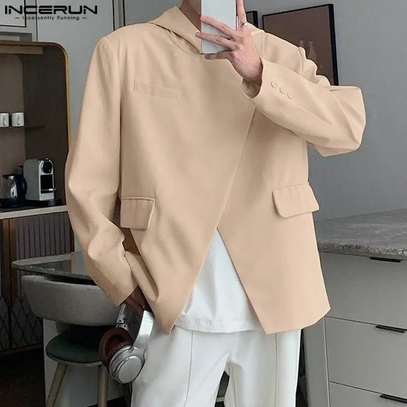 INCERUN Tops 2023 Korean Style Handsome Men Hooded Diagonal Placket Design Suit Solid All-match Casual Street Male Blazer S-5XL