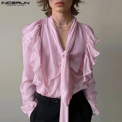 Fashion Sexy Style Tops INCERUN Handsome Men Loose Tie Design Ruffled Shirt Casual Clubwear Solid Long Sleeved Blouse S-5XL 2024