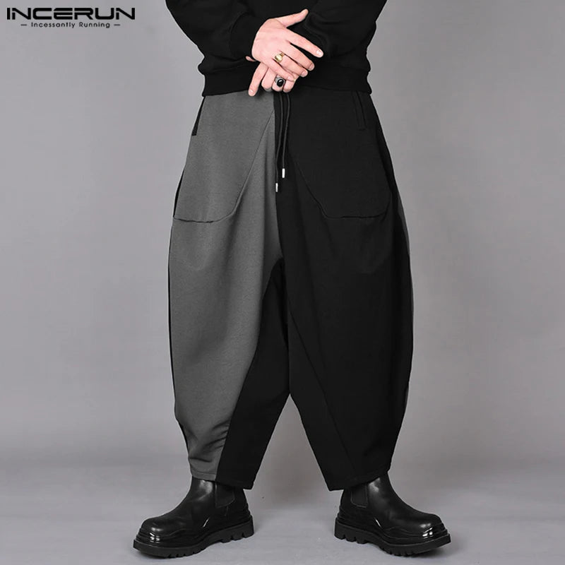 INCERUN 2024 Korean Style Men's Trousers Fashion Wide Leg Long Pants Casual Streetwear Patchwork Color Contrast Pantalons S-5XL