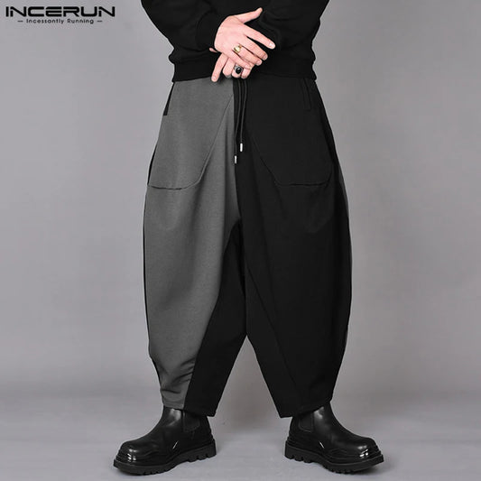 INCERUN 2024 Korean Style Men's Trousers Fashion Wide Leg Long Pants Casual Streetwear Patchwork Color Contrast Pantalons S-5XL