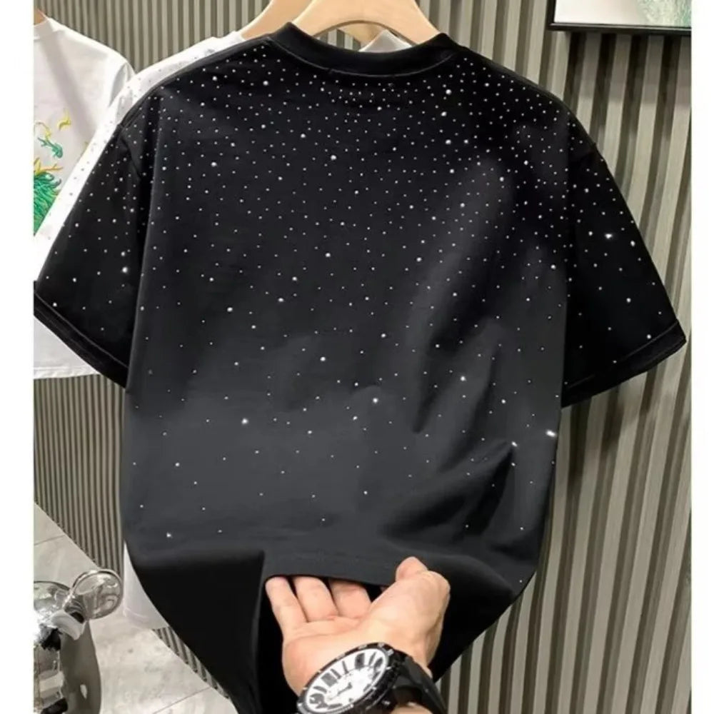 Summer Men's Rhinestone Rivet T-shirt Cotton Round Neck Casual T shirts Fashion High Street 2024 Men Short Sleeves