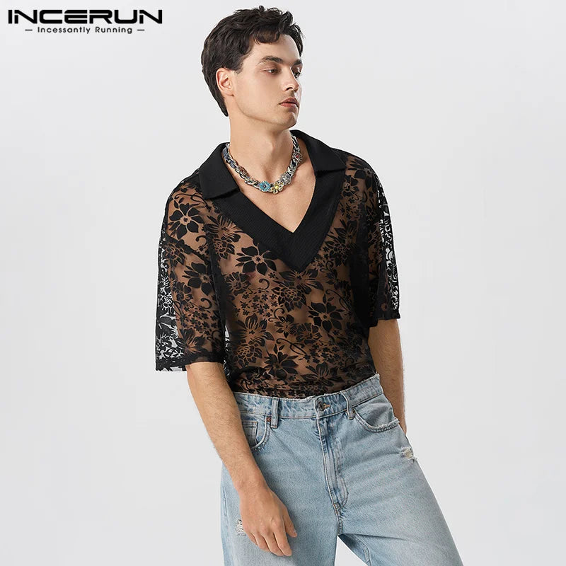 Handsome Well Fitting Tops INCERUN New Mens Sexy Fashion Thin Lace Mesh Shirts Casual See-through V-neck Lapel Blouse S-5XL 2024